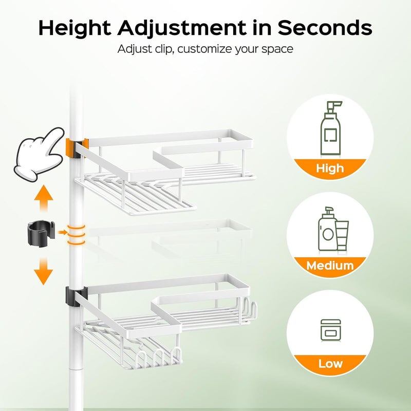 HAMITOR Corner Shower Caddy White: 4-Tier Rustproof Bathroom Bathtub Organizer Shelf with Soap Holder & Hooks - No-Drill Adjustable Standing Tension Pole Rack for Apartment Renters - 47-123 Inch - Image 4